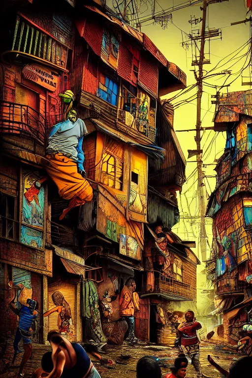 Prompt: slum hood, aesthetic, fantasy pop art, by mike swiderek, jorge lacera, ben lo, tyler west, domingo zapata, ultrarealistic, sharp focus, intricate, ultra high definition details, shadow effect