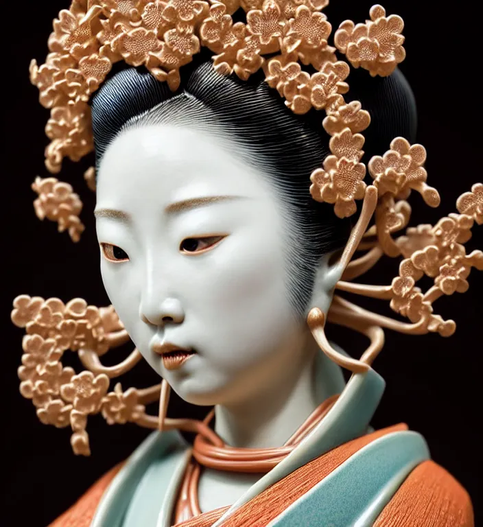 Prompt: Geisha, A Close up photo-real delicate ceramic porcelain sculpture of a symmetrical ornate detailed in front of an intricate background by Victo Ngai and takato yamamoto, micro detail, backlit lighting, face in focus, subsurface scattering, translucent, thin porcelain, octane renderer, colorful, physically based rendering, japanese pottery, trending on cgsociety