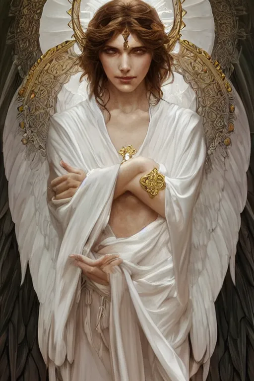 Image similar to beautiful angel in white robes, D&D, face, fantasy, intricate, elegant, highly detailed, digital painting, artstation, concept art, smooth, sharp focus, illustration, art by artgerm and greg rutkowski and alphonse mucha