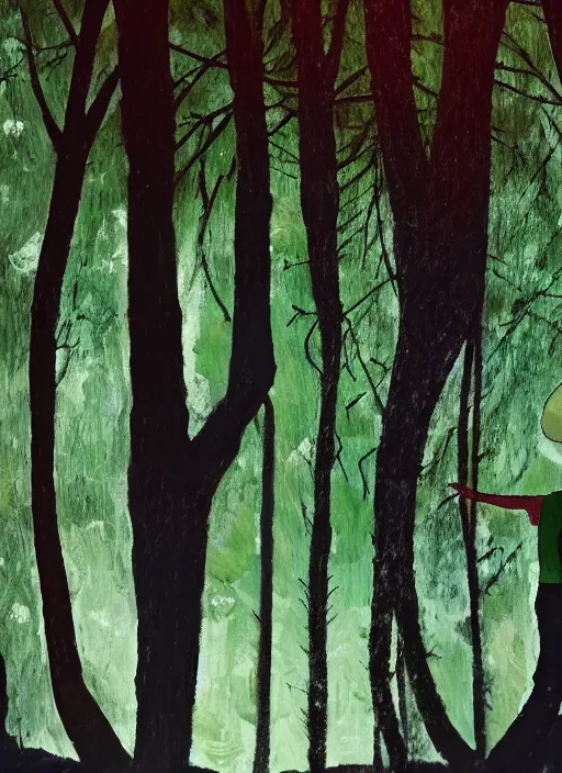 Image similar to a white silhouette of a man against a dark forest background, lots of plants, low light, oil painting