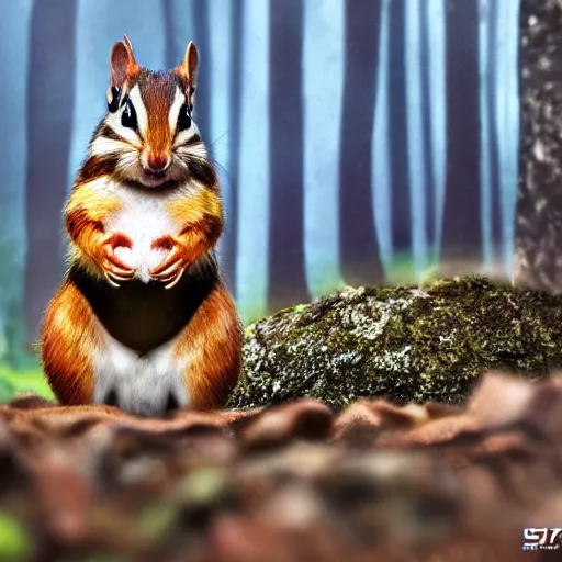 Prompt: a high quality photo of a chipmunk as body builder, foggy forrest backdrop, render, ultra realistic, epic lighting, cgsociety