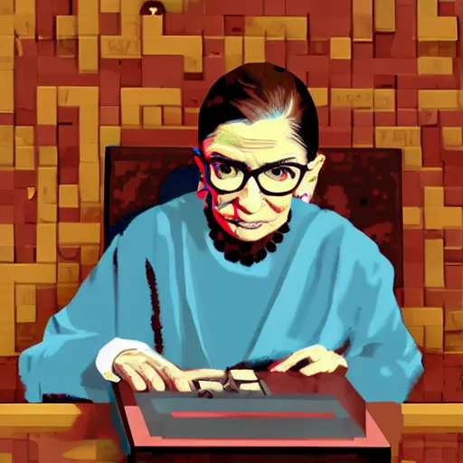 Image similar to ruth bader ginsburg lost in minecraft