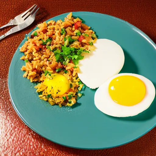 Prompt: A delicious plate of beans and rice, egg, garnish, food photography, michilin star