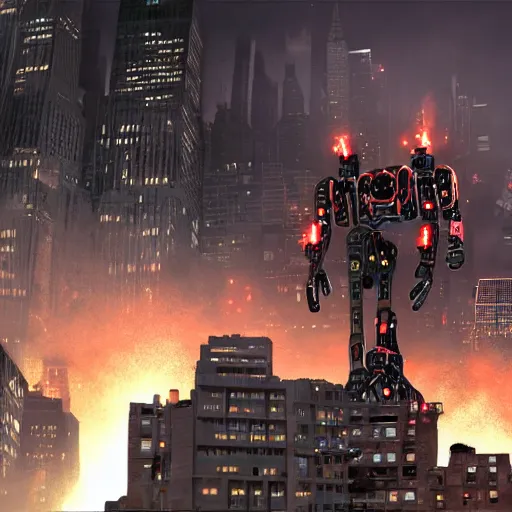 Prompt: a giant scary robot in the middle of a destroyed manhattan, 8 k n - 4