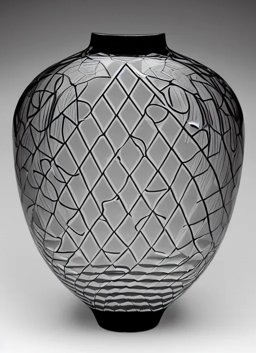 Prompt: Vase of flowers in the shape of impossible geometry by Escher, designed by Rene Lalique