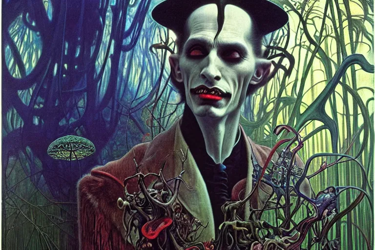 Image similar to realistic extremely detailed portrait painting of an elegantly creepy vampire man dressed as dracula, futuristic sci-fi forest on background by Jean Delville, Amano, Yves Tanguy, Alphonse Mucha, Ernst Haeckel, Edward Robert Hughes, Roger Dean, rich moody colours, blue eyes