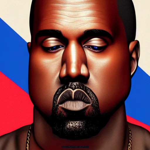 Image similar to Depiction of Kanye West as a Russian President, Russian flag on the background, happy Kanye, extremely detailed eyes, fantastic details, full face, mouth, trending on artstation, pixiv, cgsociety, hyperdetailed, Unreal Engine, 4k, 8k ultra HD, Stanley Artgerm Lau, Ross draws, James Jean Marc Simonetti Ruan Jia, Mandy Jurgens, Artgerm and William-Adolphe Burger Sakimichan