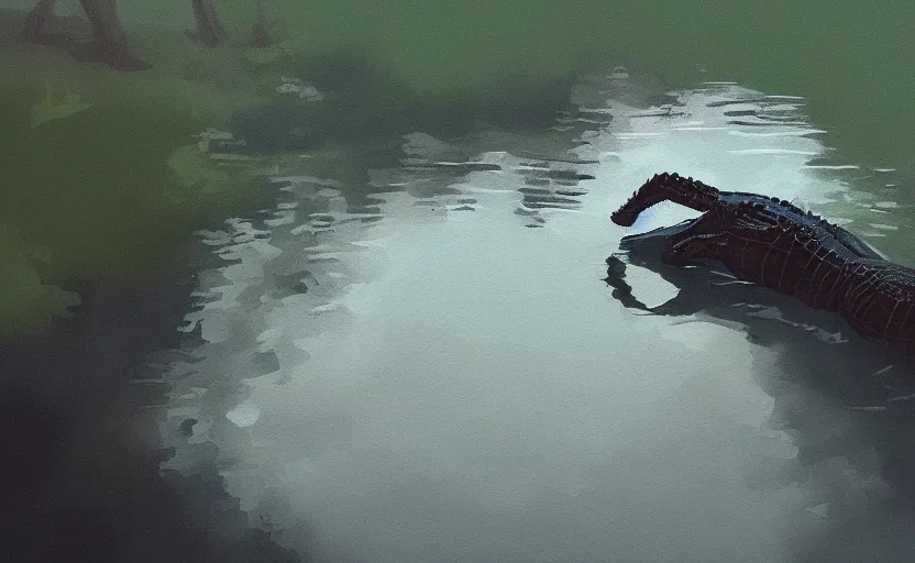 Image similar to a cute gator in a river by Atey Ghailan