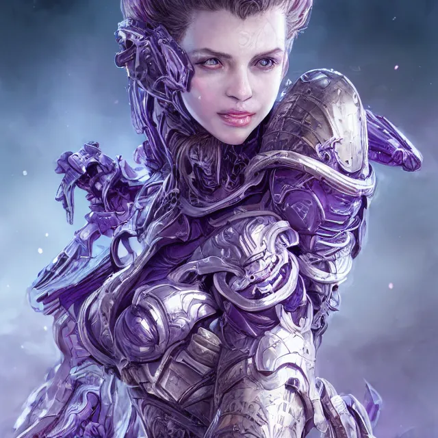 Image similar to facial portrait of a pale woman in sci - fi armor with a flowing purple, elegant, stoic, intense, ultrafine hyperdetailed illustration by kim jung gi, irakli nadar, intricate linework, sharp focus, bright colors, octopath traveler, final fantasy, hearthstone, highly rendered, global illumination, radiant light, detailed, intricate environment