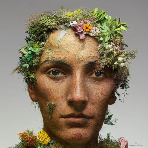 Image similar to a sculpture portrait made of papper and sand and flowers and plants, painting part by wojciech siudmak, part by ilya repin, part by max ernst, part by norman rockwell, artstation