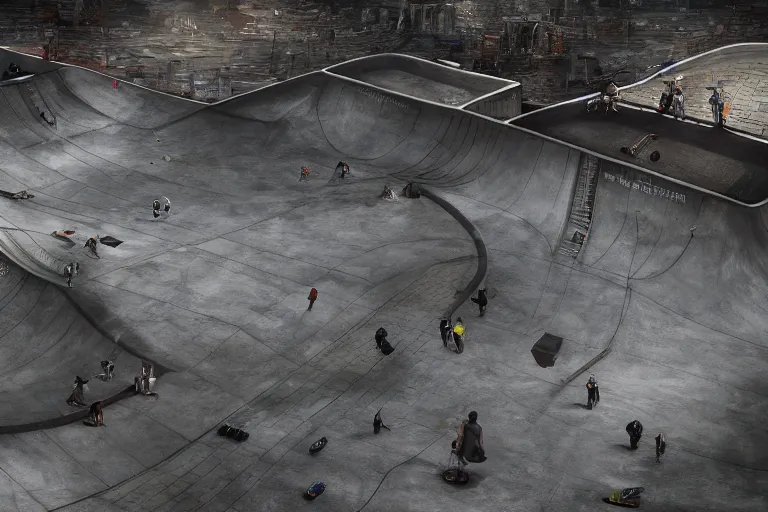 Image similar to dystopian skatepark, digital art, highly detailed, sharp, 4 k