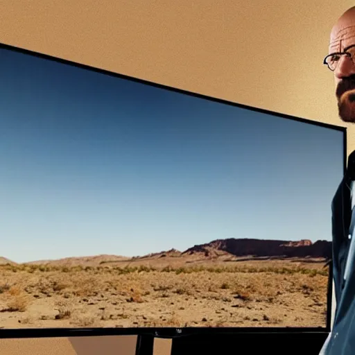 Image similar to walter white looking at a tv screen in the desert