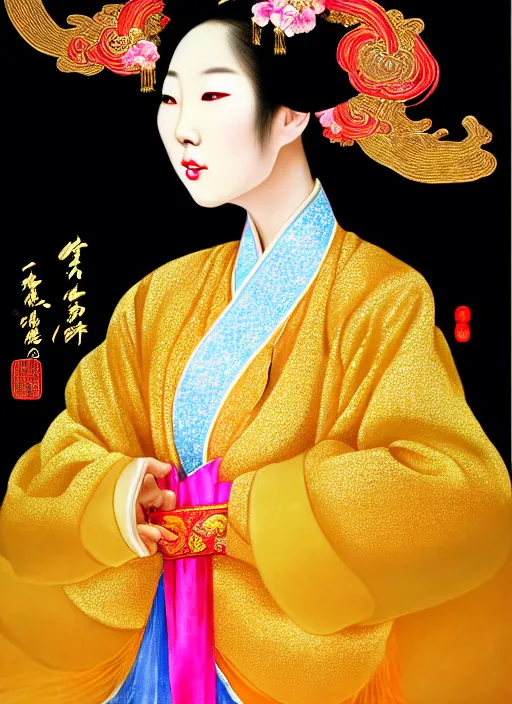 Image similar to full portrait of a chinese dancer doing a silk ribbon dance, feet, barefoot, lean, vivacious, extremely beautiful, elaborate gold jewelry, hanfu, traditional chinese clothes, silk ribbons, colorful ribbons, ming dynasty, detailed, realistic face, anatomically accurate, modern fantasy art.