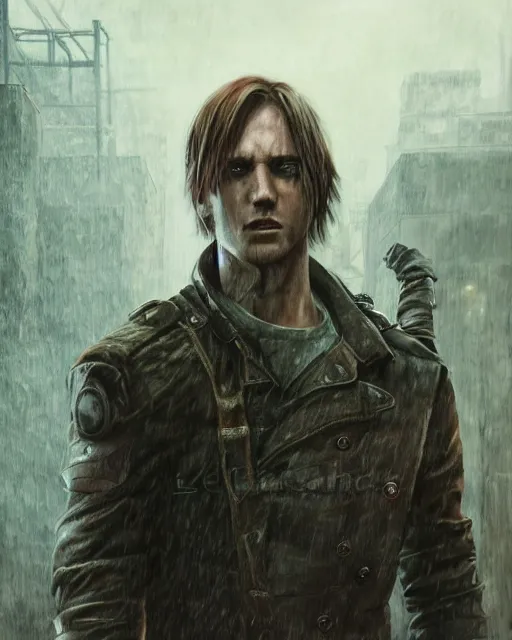 Image similar to battle hardened, charismatic, rugged leon kennedy, face centered portrait, confident, ruined cityscape, zombies, fog, rain, volumetric lighting, soft light particles floating near her, illustration, perfectly shaded, soft painting, art by leesha hannigan, ross tran, thierry doizon, kai carpenter, ignacio fernandez rios