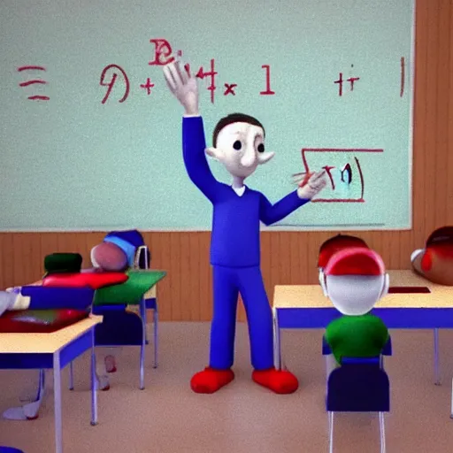 Prompt: “ a render of baldi in a school teaching students math ”