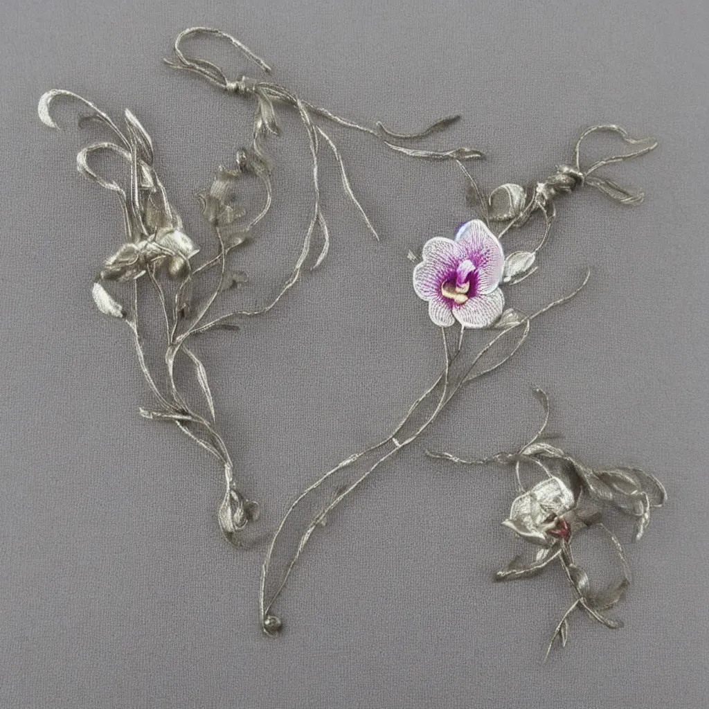 Image similar to Silver embroidered orchid amulet, realistic, clean, 4k, highly detailed