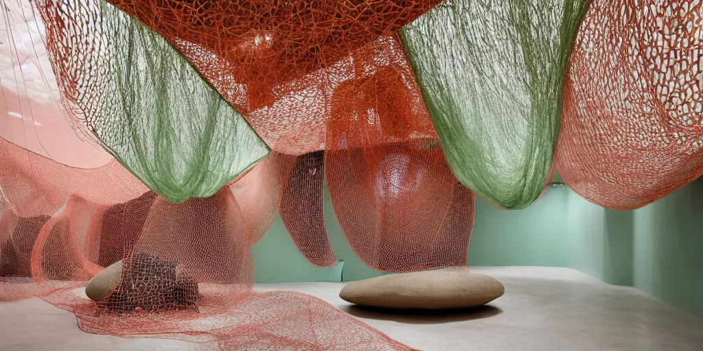 Image similar to biomorphic structures out of stocking - like material and nets that fills with various objects like spices, sand and rocks by ernesto neto, light - mint with dusty pink color