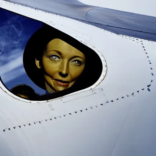 Prompt: a female alien on the wing of an aeroplane seen through the window
