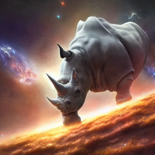 Prompt: a giant galactic rhino stampeding through a nebula by WLOP and tony sart, fantasy art, 4k, HDR, photorealistic, 8k, trending on artstation