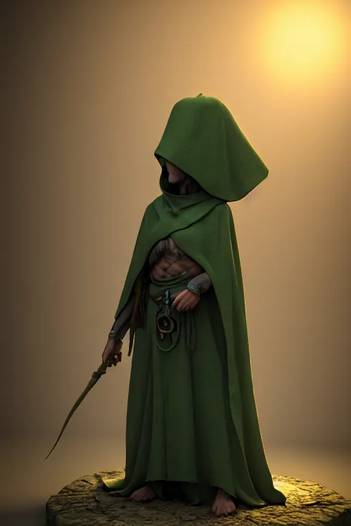 Image similar to A cute shaman with no nose, glowing eyes and a very long hooded dark green cloak of leaves by Julien Kaspar, 3D render, stylized, Cycles Render