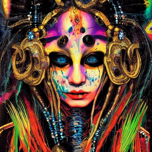 Image similar to high definition highly detailed baroque cyberpunk shamaness, varnished oil paint in bright colors on black background with small background color splatters, by katsuhiro otomo