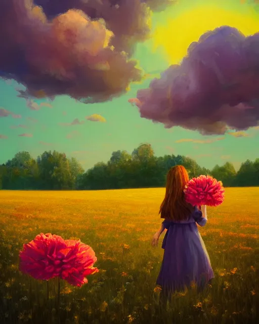 Image similar to girl with a giant carnation head, surreal photography, flower field, sunset dramatic light, impressionist painting, colorful clouds, blue sky, digital painting, artstation, simon stalenhag