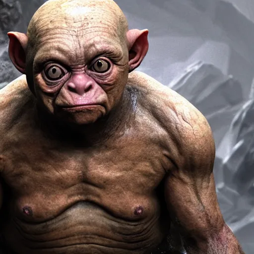 Image similar to hyperrealistic mixed media high resolution painting of Danny DeVito Gollum perched in a dark cave, stunning 3d render inspired art by Jamie Salmon and István Sándorfi and Unreal Engine and Greg Rutkowski, perfect facial symmetry, dim volumetric lighting, 8k octane beautifully detailed render, full body shot, post-processing, extremely hyper-detailed, intricate, epic composition, highly detailed attributes, highly detailed atmosphere, cinematic lighting, masterpiece, trending on artstation, very very detailed, masterpiece, stunning, flawless completion, lifelike texture, perfection,