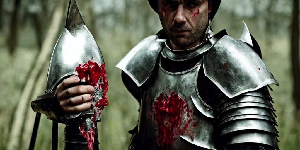 Image similar to film still of closeup a knight with a bloody heart in his hand by emmanuel lubezki