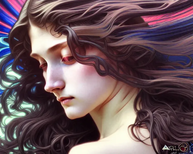 Prompt: overlord, psychedelic flowing hair, close eyes, portrait, highly detailed, deep focus, elegant, digital painting, smooth, sharp focus, illustration, ultra realistic, 8 k, art by artgerm and alphonse mucha and edgar maxence