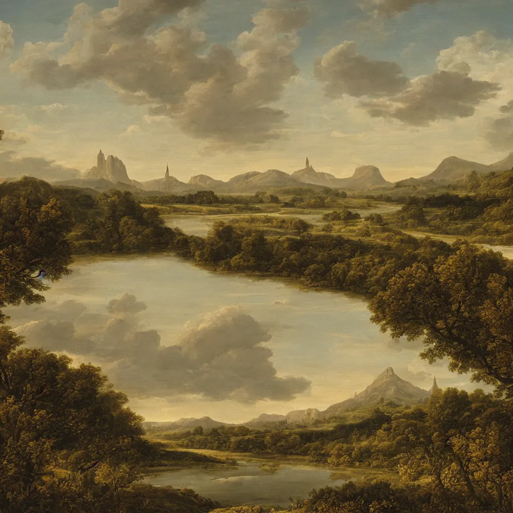 Image similar to a wide angle landscape of a prairie with a very large thin spire mountain in the distance and a wide river running in the middle of the frame with a city upon the river in the style of rococo digital painting