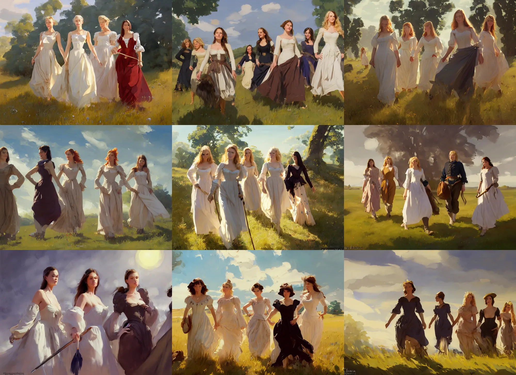 Prompt: five of beautiful finnish norwegian swedish scandinavian attractive glamour models wearing 1 7 th century bodice with low neckline walking in the field in a sunny day, jodhpurs greg manchess painting by sargent and leyendecker, studio ghibli fantasy medium shot asymmetrical intricate elegant matte painting illustration hearthstone, by greg rutkowski by greg tocchini by james gilleard