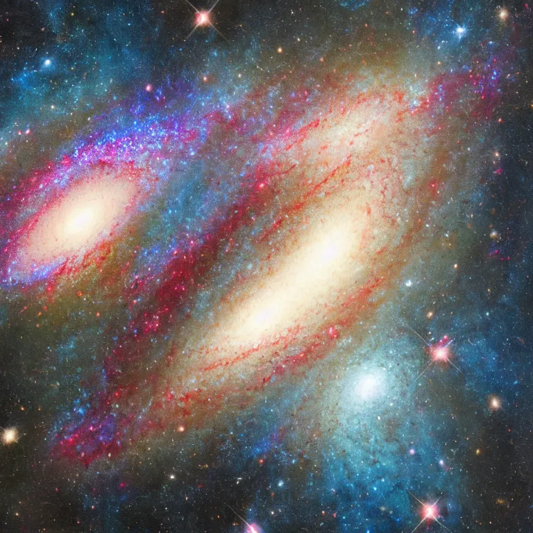 Image similar to an extremely detailed picture of two merged galaxies, photorealism, fine details,