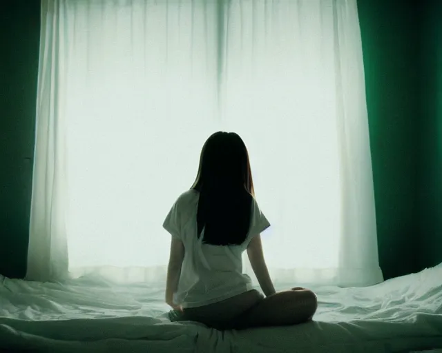 Image similar to a film still of lone anime girl in white tshirt is sitting on poor bed in pale colors room in dark russian flat, perfect faces, fine details, anime, cinestill