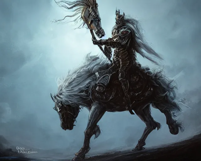 Image similar to A ghost warrior riding a giant ghost horse with armour, fantasy art, in the style of Frank Neidhardt, illustration, epic art, fantasy, intricate, elgant, amazing detail, digital painting, artstation, concept art, smooth, sharp focus