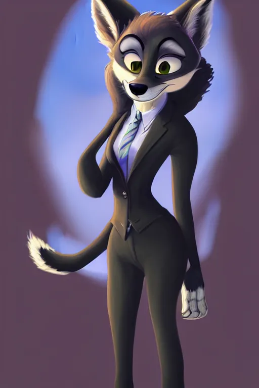 Image similar to oil painting of anthromorphic female wolf, in style of zootopia, female fursona, furry, furaffinity, 4 k, deviantart, furry art, fursona art, wearing black business suit, business suit, wolf fursona, female, smug expression,