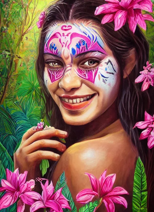 Prompt: a beautiful painting portrait of a beautiful smiling woman in the jungle surrounded by pink flowers, tribal face paintings, matte painting, fantasy art, ayahuasca