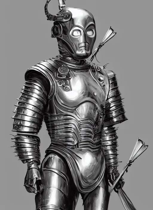 Image similar to powerful male tin man, christian bale as tinman, full body character concept, covered in full metal armor, plating, art nouveau, super powers, fantasy, intricate, elegant, highly detailed, digital painting, artstation, concept art, shining, sharp focus, illustration, art by stanley lau