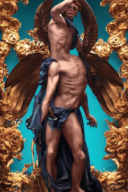 Image similar to a young handsome Latino prince in a full-body bronze cyberpunk style statue of Icarus with glowing blue eyes, crown of peach roses, flowing teal-colored silk, fabric, flowers. baroque elements, human skull. full-length view. baroque element. intricate artwork by caravaggio. many many birds birds on background. Trending on artstation, octane render, cinematic lighting from the right, hyper realism, octane render, 8k, depth of field, 3D