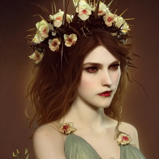 Image similar to portrait of beautiful vampire, flower crown, thorn frame!!!, headshot, pale skin, 4k, rule of thirds, extreme detail, detailed drawing, trending artstation, hd, fantasy, D&D, realistic lighting, by Alphonse Mucha, Greg Rutkowski