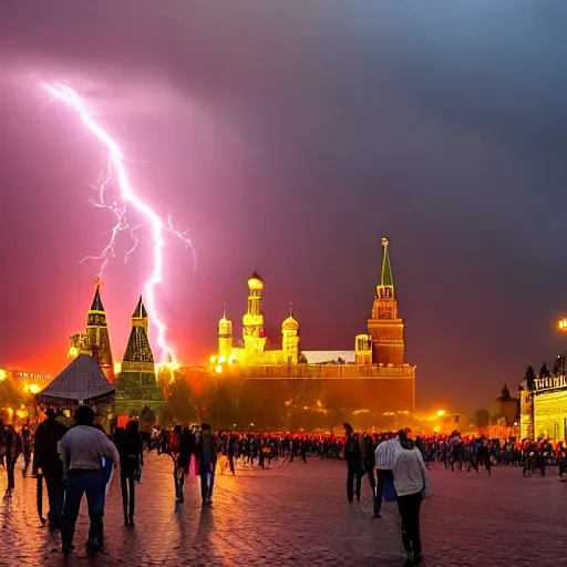 Image similar to a fiery thunderstorm with a tornado over red Square in Moscow