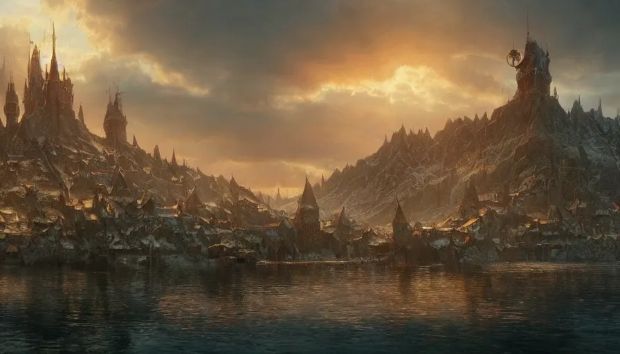 Prompt: a beautiful photo realistic still image of laketown from the movie the hobbit, warm colors, by greg rutkowski, trending on artstation, masterpiece,