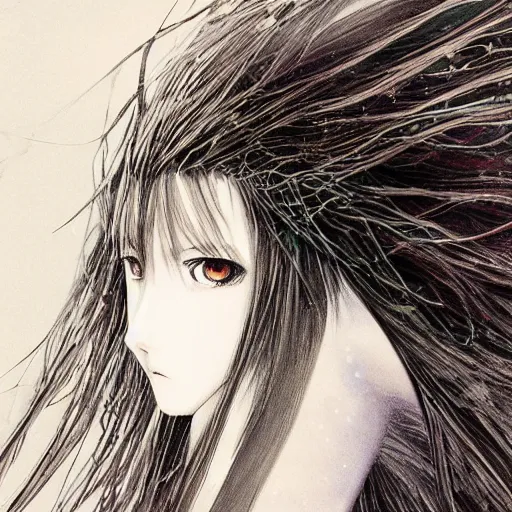Image similar to Yoshitaka Amano blurred and dreamy illustration of an anime girl with wavy white hair and cracks on her face wearing Elden ring armour with the cape fluttering in the wind, abstract black and white patterns on the background, noisy film grain effect, highly detailed, Renaissance oil painting, weird portrait angle