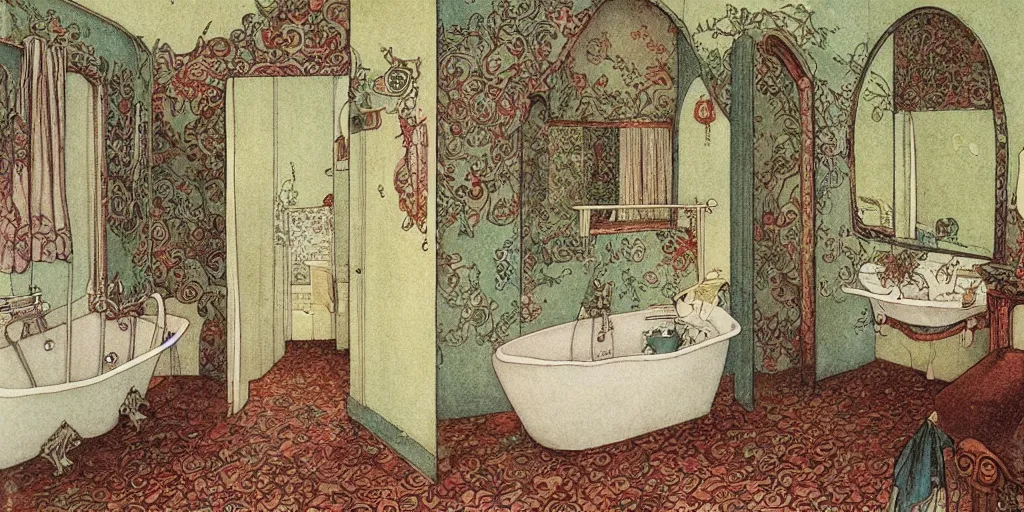 Prompt: a beatiful bathroom in an old victorian house, extremely detailed, sharp focus, wide view, smooth, digital illustration, colorfull by edmund dulac