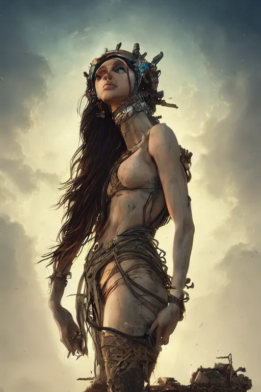 Image similar to a centered photo of a post apocalyptic goddess at the playa, powerful, cinematic, beautifully lit, by artgerm, by karol bak, 3 d, perfect face and body, trending on artstation, octane render, 8 k