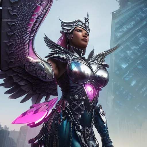 Prompt: woman valkyrie with pink metal wings, celtic and cyberpunk armor, cityscape, flying, high detail, sharp focus, silver cyber armor, art by artgerm and greg rutkowski, digital painting, smooth render, octane render, unreal engine 5,