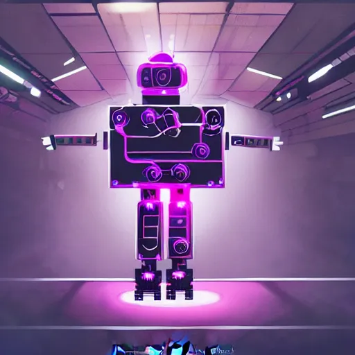 Prompt: hyperrealistic cyberpunk style poster with a robot, purple color theme, dramatic lighting