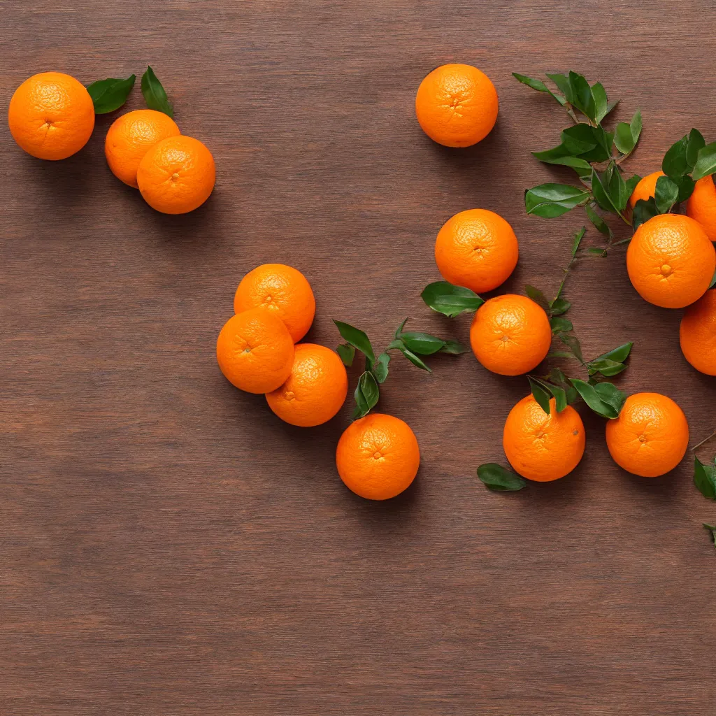 Prompt: top-down view with oranges on top of a wooden table, wallpaper, 4k, photorealistic