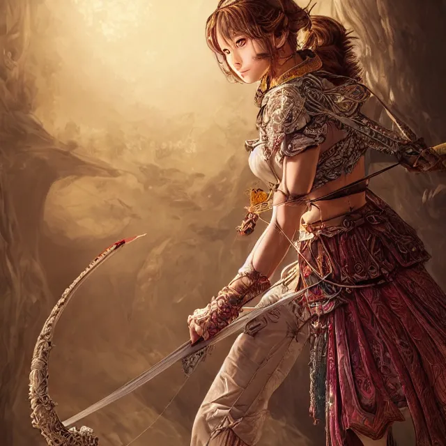 Image similar to the portrait of lawful neutral semi - colorful female archer huntress as absurdly beautiful, gorgeous, elegant, young girl, an ultrafine hyperdetailed illustration by kim jung gi, irakli nadar, intricate linework, bright colors, octopath traveler, final fantasy, unreal engine 5 highly rendered, global illumination, radiant light, detailed and intricate environment