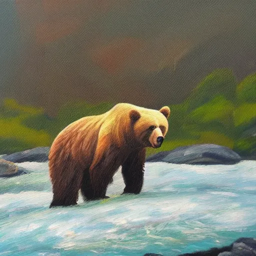 Prompt: oil painting of a bear standing on rocky hill, fast floeing river seen at the bottom