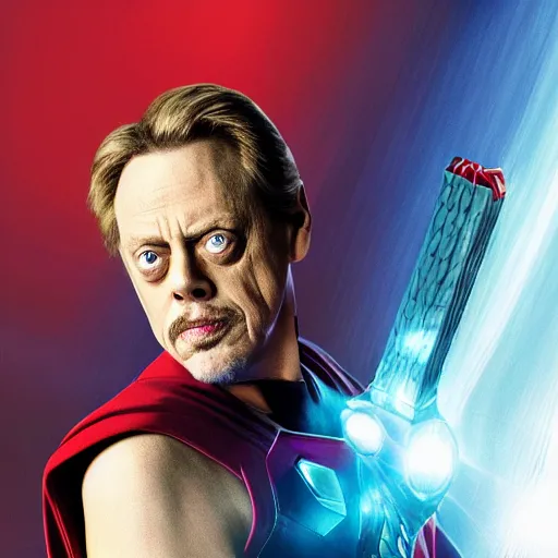 Prompt: Steve buscemi as marvel thor, promo poster, movie poster, cool pose